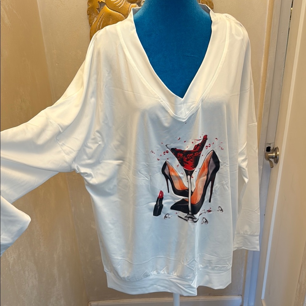 White Oversized Graphic shirt  with V-Neck